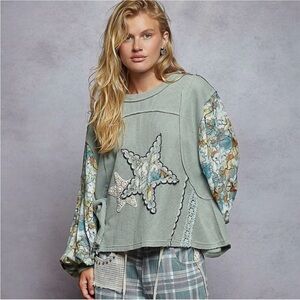 POL Contrast Sleeve Star Patch Top NWT